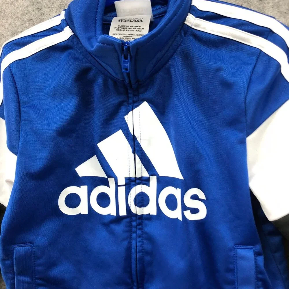 Adidas Boys 4T Track Jacket Blue Black White Full Zip Mock Neck‎ Sweatshirt